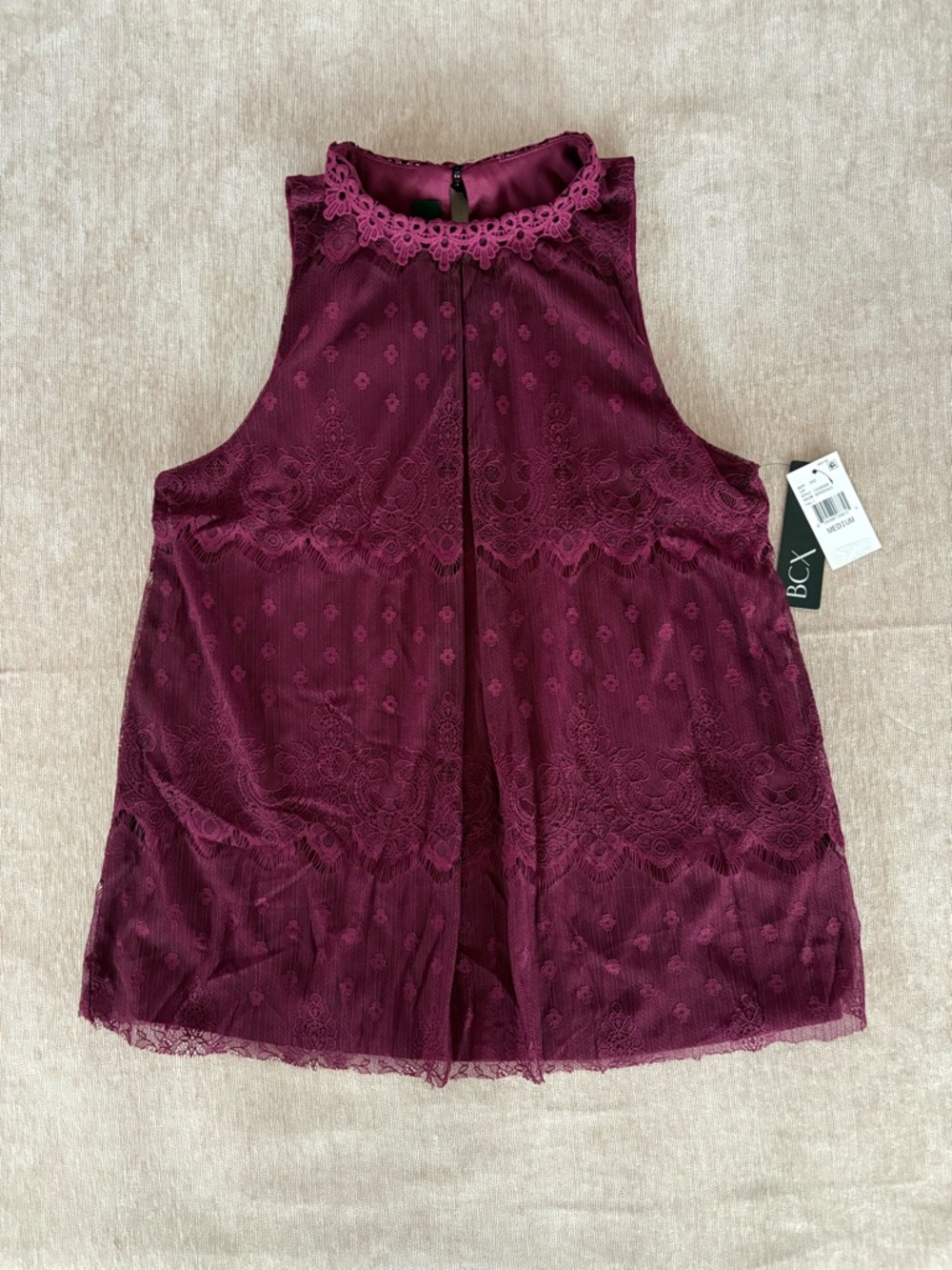 BCX Women’s Lace High-Neck Sleeveless Top in Burgundy - Size M